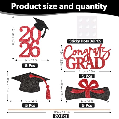 Class of 2026 Graduation Centerpieces - 20 Pcs Black and Red Table Toppers