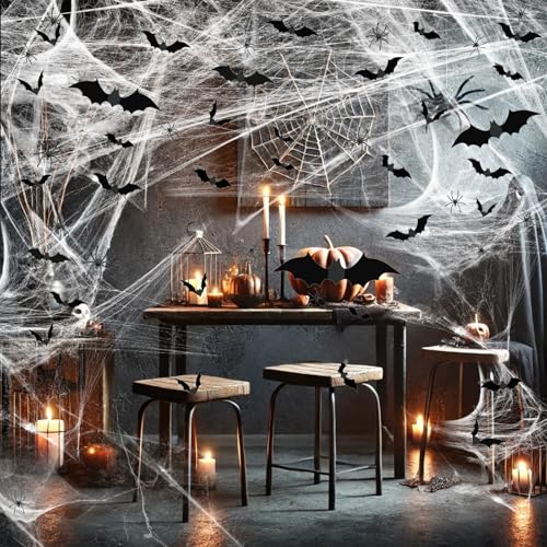 Halloween Decor Set - 1200 sqft Spider Webs with 120 Bats & 50 Spiders
