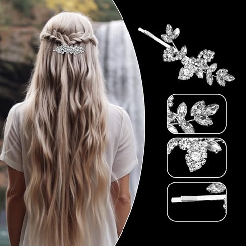YBEATY 4 Pcs Rhinestone Leaf Hair Pins Silver Crystal Bridal Barrettes