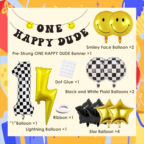 24 Pcs One Happy Dude Birthday Balloon Kit - Modern Black, Gold & Checkered Party Decorations