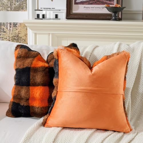 Set of 2 Cozy Faux Fur Throw Pillow Covers - 18x18 Inch Orange-Black Grid