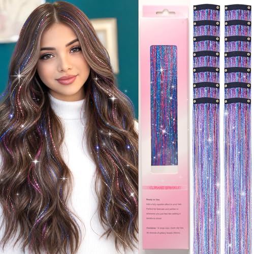 Onweave Clip-In Hair Tinsel 14 Pcs Colorful Glitter Extensions 22 Inch