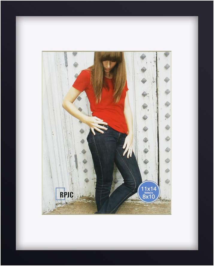 RPJC 11x14 Picture Frame - Solid Wood with High Definition Glass | Displays 8x10 with Mat or 11x14 Without Mat in Black