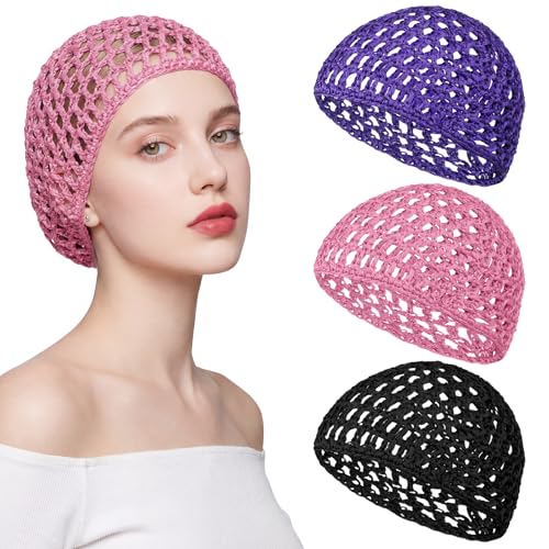 3 Pcs Crochet Hair Nets for Sleeping Breathable Knit Sleep Bonnets