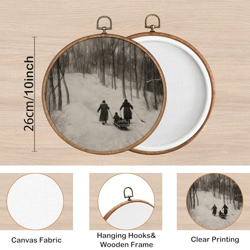 KSDUT Vintage Winter Snowy Sleigh Framed Round Wall Art 10"x10"