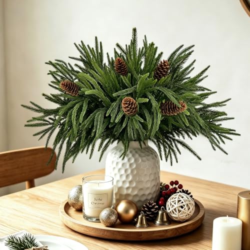 Artificial Norfolk Pine Branches with Pinecones - 16 Pcs, 18 Inch Greenery for Holiday Decor, DIY Garland, Vase Filler (Variation: 16Norfolk Pine+5Pinecone)