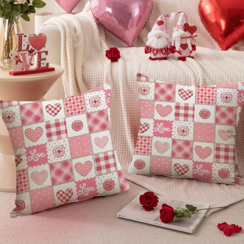 Pink Plaid Heart Valentine Pillow Cover 18x18 | RABUSOFA