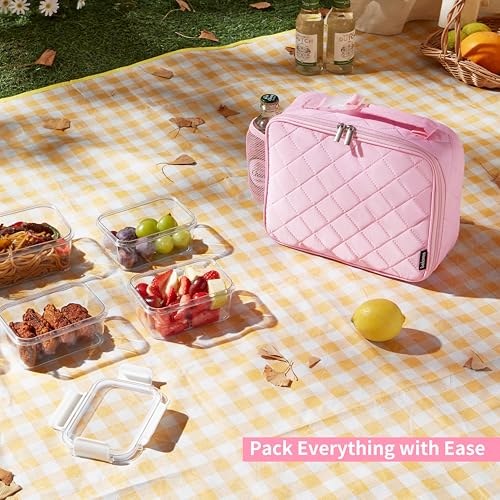 Pink Insulated Lunch Bag for Women, Quilted Lunch Tote with Aluminum Foil Lining, 6-Hour Hot & Cold Preservation, Easy-Clean & Spacious