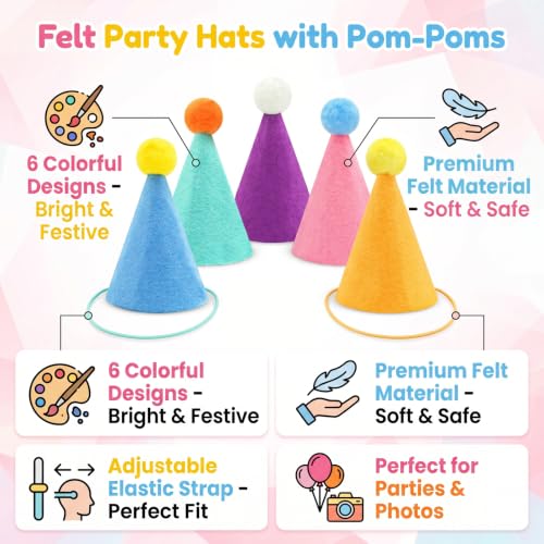 6 Mini Colorful Felt Party Hats for Pets & Dolls - Adjustable