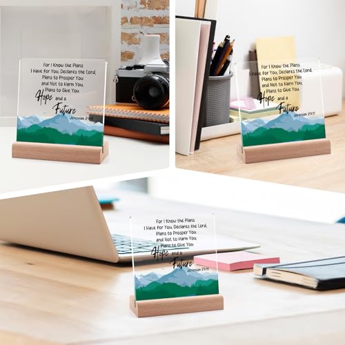Inspirational Christian Acrylic Plaque with Wooden Stand - 4x4 Inch Desk Decor Gift