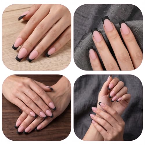 Ouligay 60PCS Black French Tip Press on Nails & Toenails Medium Square
