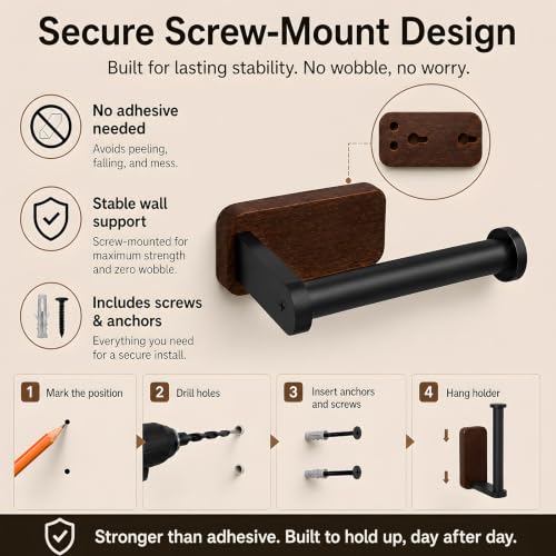 Wall-Mounted Wood and Matte Black Toilet Paper Holder for Bathroom