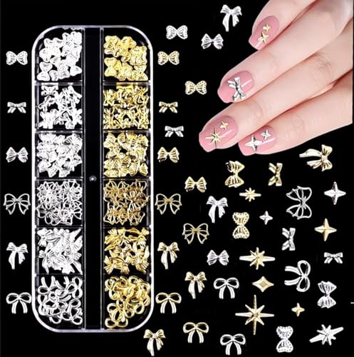 COOSLIM 150PCS Gold & Silver 3D Bow Nail Charms - 12 Styles Mini Alloy Bowknot Gems for Acrylic Nails & DIY Crafts