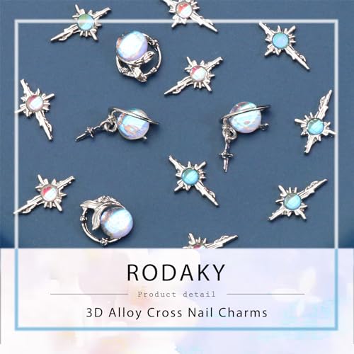 RODAKY 14Pcs 3D Cross Nail Charms Rhinestone Blue Crystal Jewels