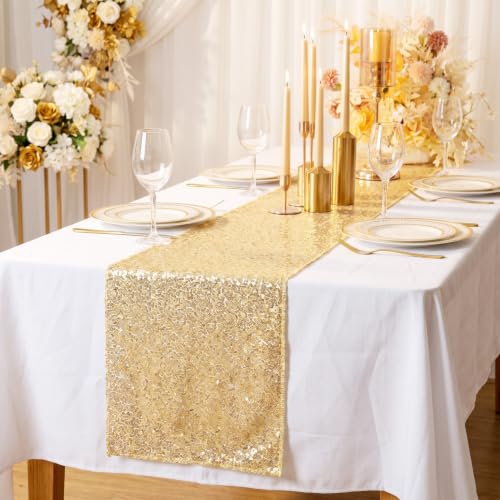 Gold Sequin Table Runner 10 Pack - 12x108 Light Gold for Weddings & Events