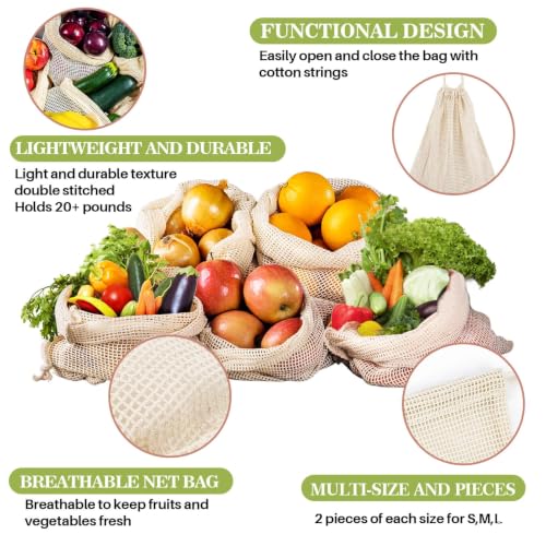 MAQIHAN Reusable Cotton Mesh Produce Bags - 6 Pack for Fruits & Veggies