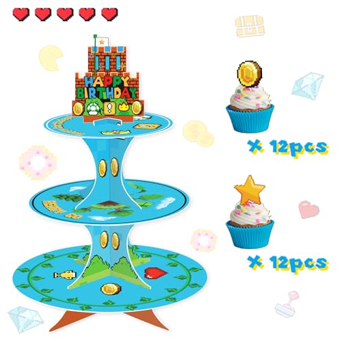 Super Brothers Cupcake Stand with 24 Toppers for Birthday Parties