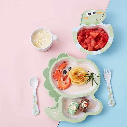 Fekdod Bamboo Kids Dinnerware Set 5 Pcs Includes Plate Bowl Cup Fork Spoon Perfect for Kids BPA-Free (Little Dinosaur)
