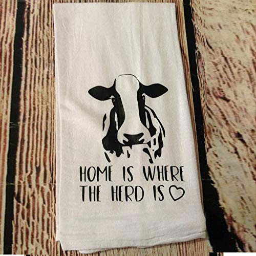 Farmhouse Cow Kitchen Dish Towel 17x35 White Home Is Where The Herd Is
