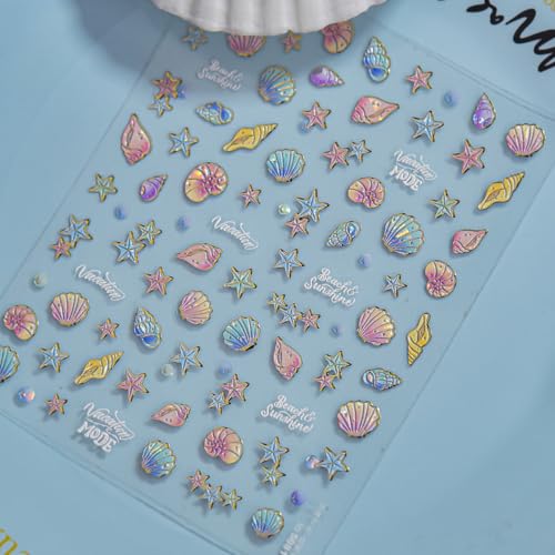 5D Embossed Marine Life Nail Stickers - Shell & Starfish Self-Adhesive Decals