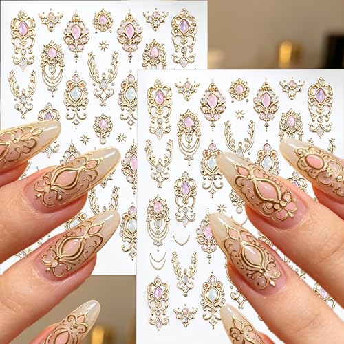 Porszova 3D Embossed Gold Gemstone Nail Stickers - 2 Sheets
