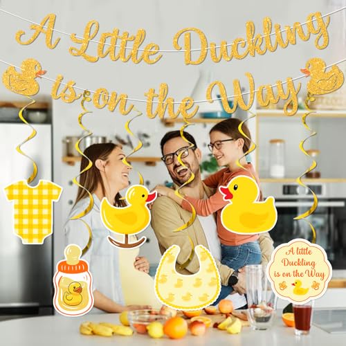 Gold Duck Baby Shower Decorations Set - A Little Duckling Is On The Way Banner & Swirls