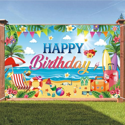Happy Birthday Tropical Beach Backdrop - Hawaiian Luau Party Banner, 71 x 43 Inch