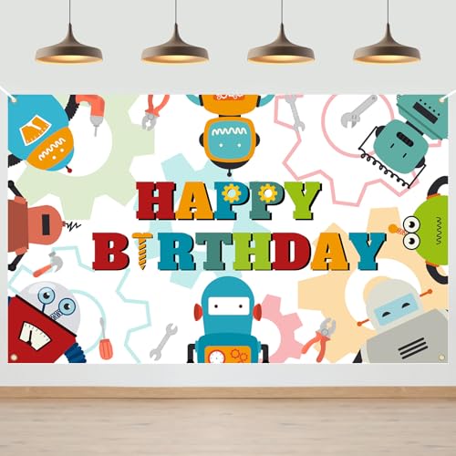 Robot Birthday Backdrop Banner - 6x3.6ft Party Decoration