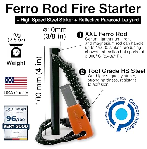 Premium Ferro Rod Fire Starter Kit with Steel Striker - 4in