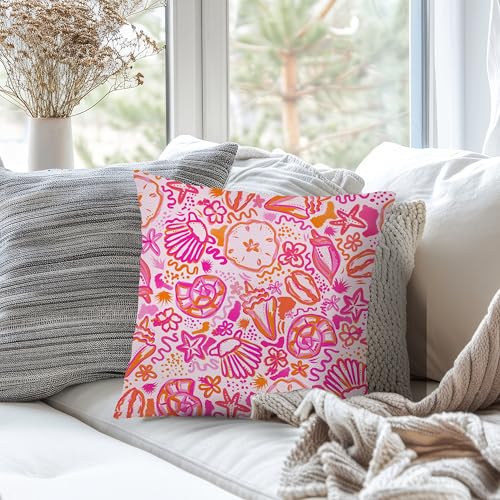 Nipil Boho Beach Throw Pillow Cover, 18x18 Pink & Orange Flannel Cushion