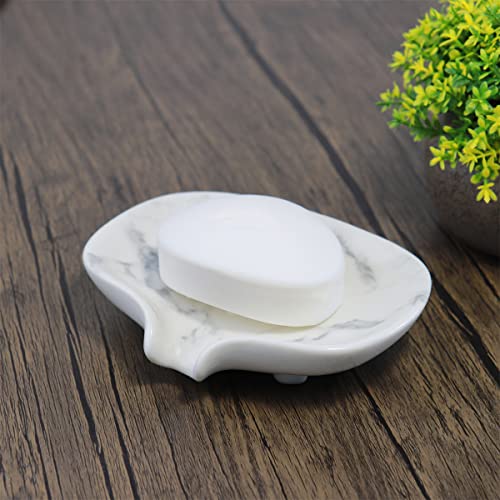 POLYDUKE Ceramic Soap Dish with Drain - White Marble Texture Soap Holder