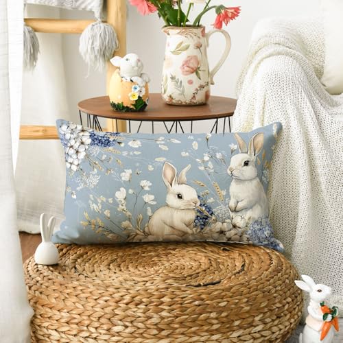 Easter Bunny Blue Throw Pillow Cover - 12x20 Inch Hydrangea Design