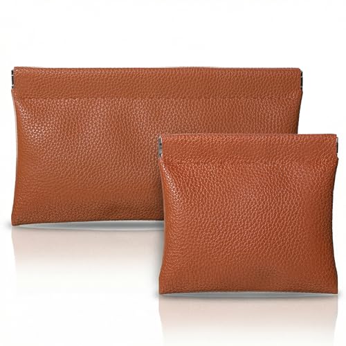 Xyembu 2-Piece Leather Pocket Cosmetic Bag Set Brown Mini Travel Pouch