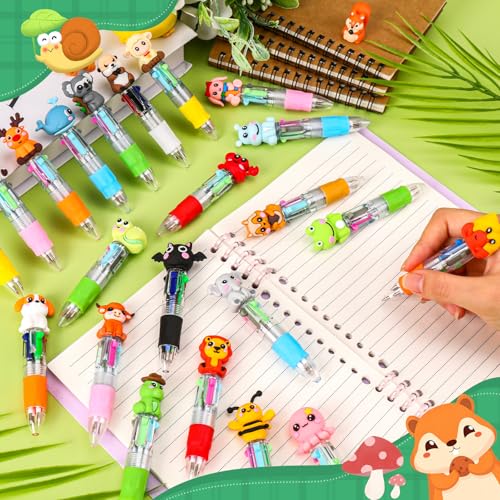24 Multicolor Animal Pen Set for Kids - 4-in-1 Ballpoint Pens with Removable Animal Caps
