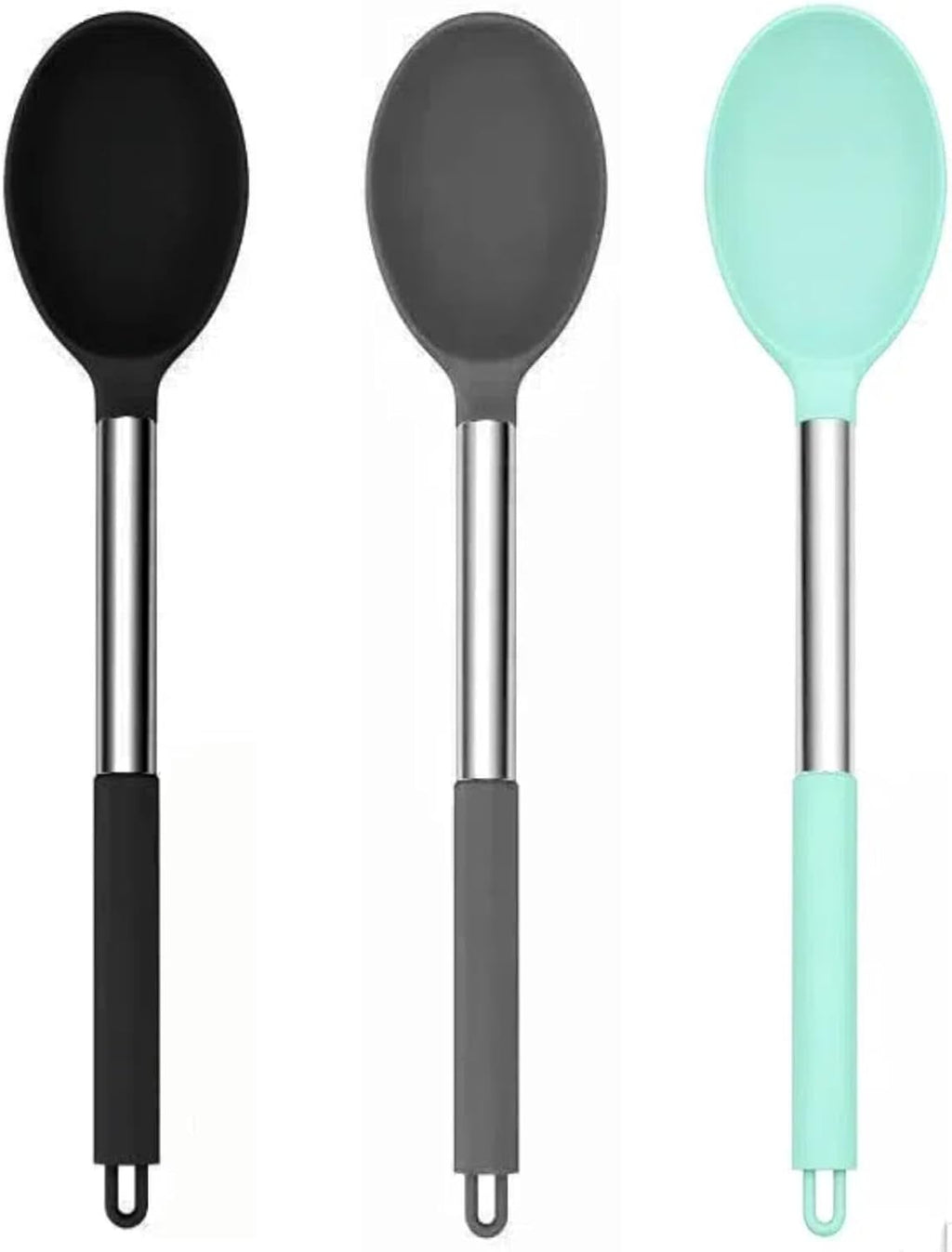 Silicone Cooking Spoon Set by [Brand Name] - 3-Pack Heat Resistant 600°F Non-Stick Server Spoons | Large Stainless Steel Handles