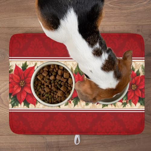 Christmas Red Flower Dish Drying Mat 18x24 Inch for Kitchen Counter - Foldable & Quick Dry