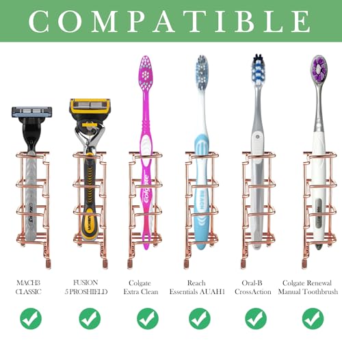 Linkidea Stainless Steel Toothbrush Holder - Wall Mount & Countertop, Rose Gold