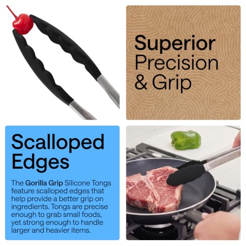Gorilla Grip Stainless Steel Kitchen Tongs 2 Pack, Black, 9" & 12" - Heat Resistant & Non-Slip Grip