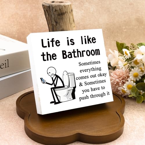 Funny Bathroom Sign Decor - Inspirational Wooden Shelf Art