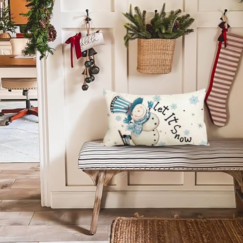 RABUSOFA Christmas Lumbar Pillow Cover, 12x20 Inch Blue Snowman Snowflake