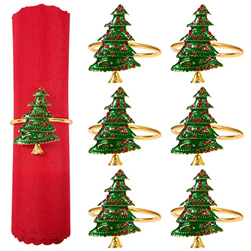 Classic 6 pcs Christmas Tree Napkin Rings Set - Gold & Red Berries, Holiday Table Decor