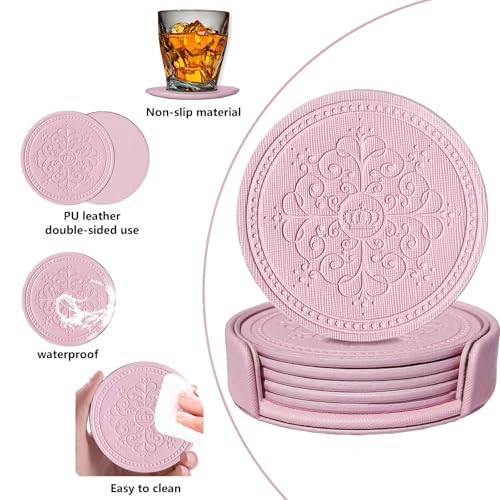 Pink PU Leather Coasters Set of 6 with Holder - Water Resistant Round Pads