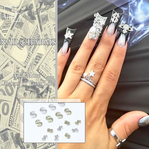 YAEISM 16PCS 3D Dollar Sign Nail Charms Gold and Silver Rhinestones