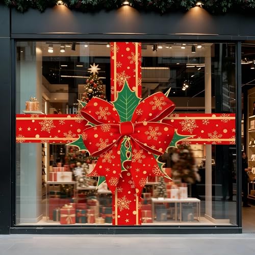 Funrous Christmas Bow Window Clings - Extra Large Red Snowflake Holiday Decor