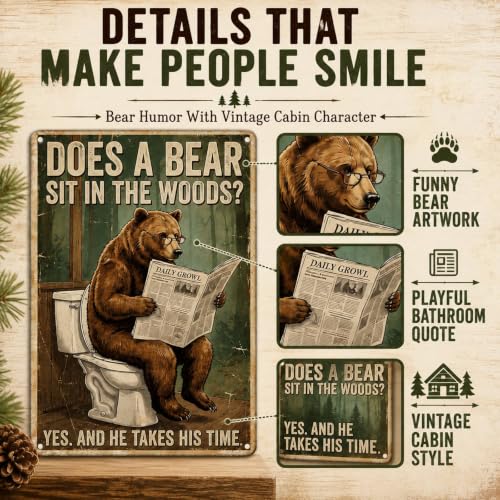 Funny Bear Outhouse Bathroom Sign - 8x12 Inch Wall Art