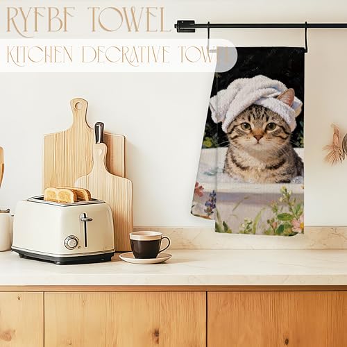 Funny Tabby Cat Hand Towel - Cat Bath Decorative Floral Kitchen Towel 16x24