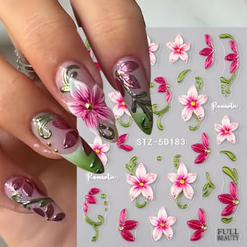 5D Embossed Flower Nail Stickers - 3 Sheets Blue & Pink Spring Floral Decals