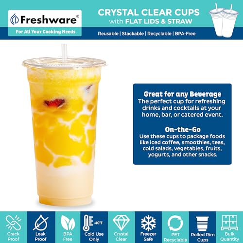 Freshware Clear Plastic Cups with Flat Lids and Straws [100 Cups - 24 oz] Disposable Tumblers for Iced Coffee, Smoothie, Milkshake, Cold Drinks