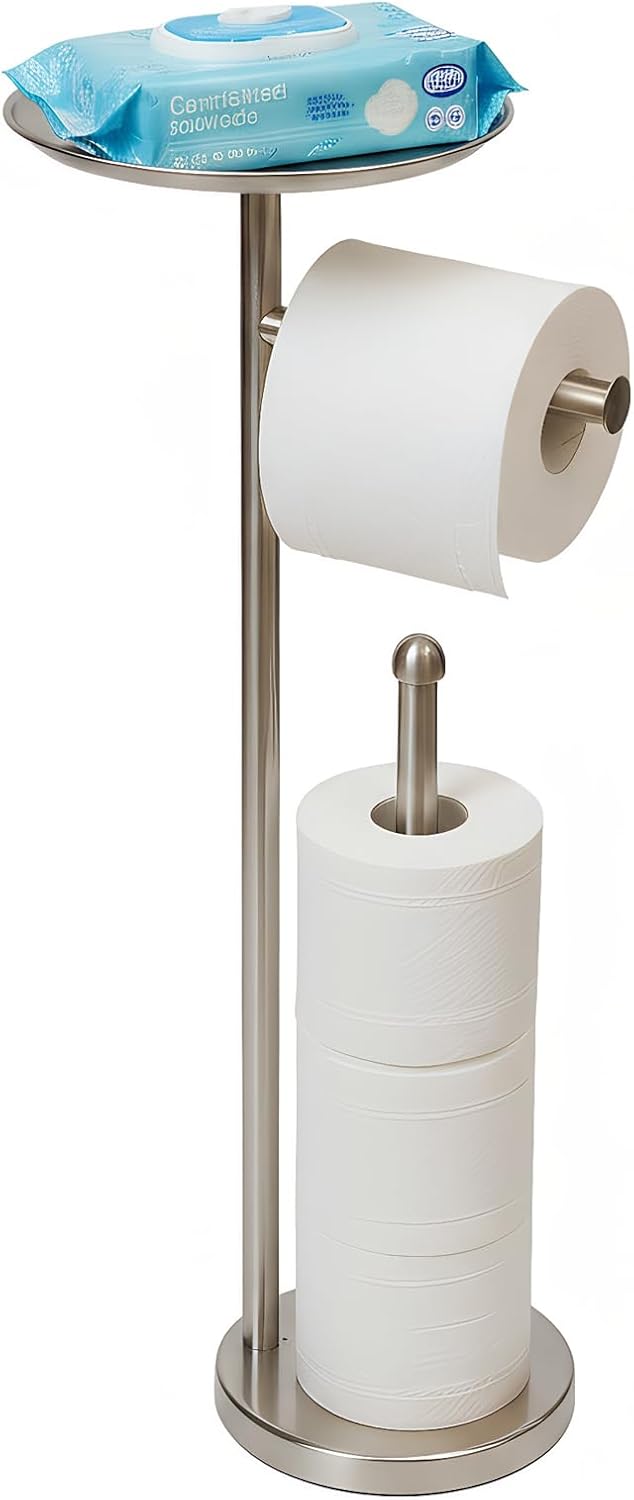 Skiennix Freestanding Toilet Paper Holder - Stylish Storage Stand for 4 Extra Rolls | Brushed Nickel Finish