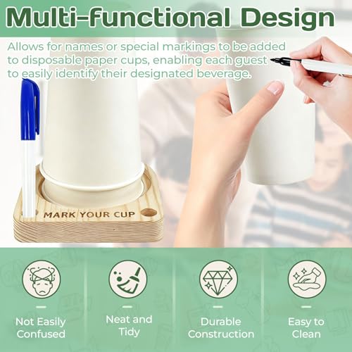 OLLBIT Wooden Disposable Cup Holder with Marker Slots for Parties